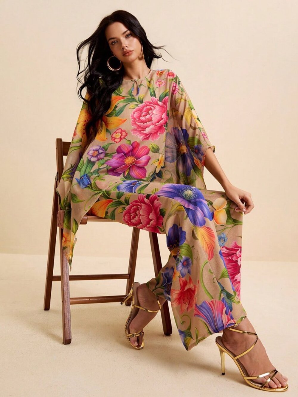 Khaki Boho Women's Tropical Floral Printed Blouse and Pants 2-Piece Set - Picture 3 of 9